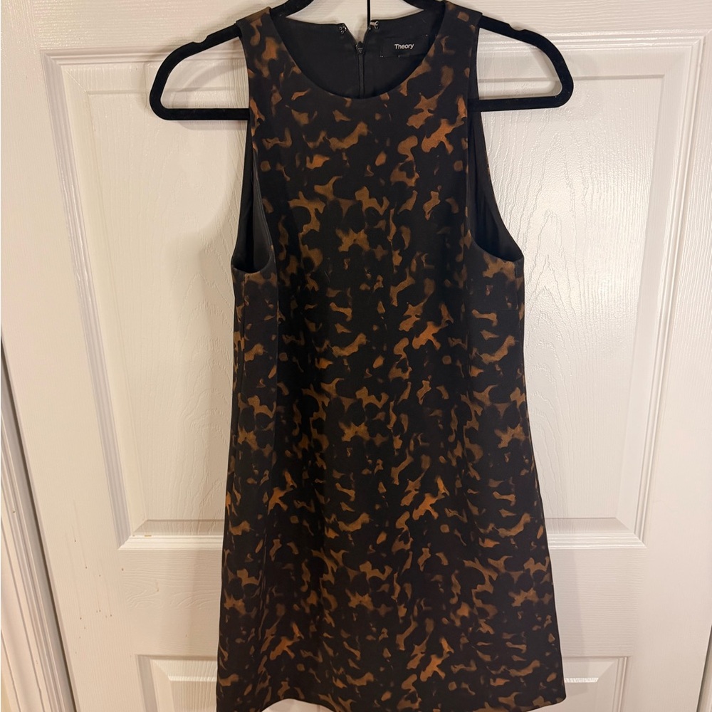 Theory Black Mini Dress with Brown Abstract Print